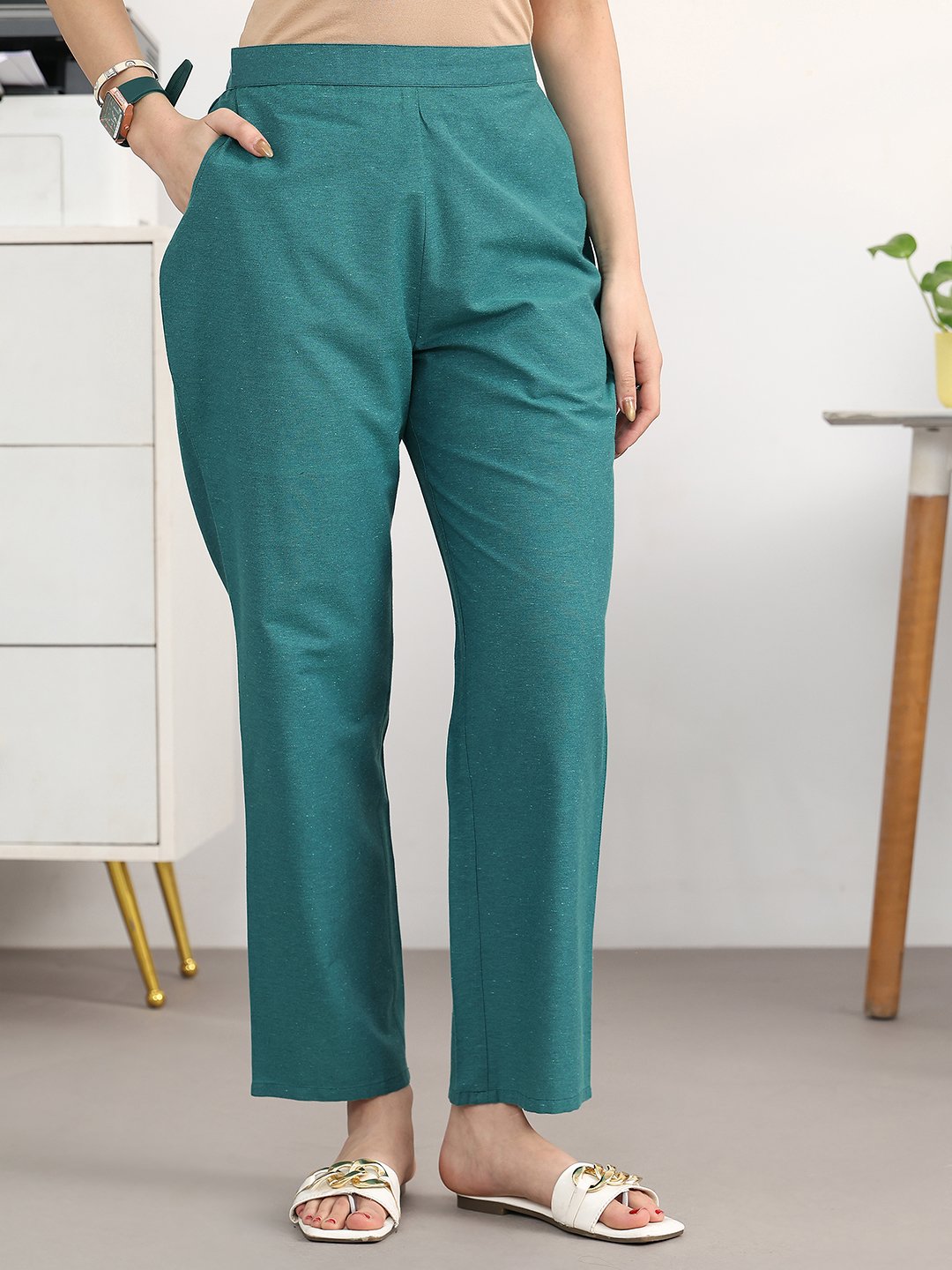 Teal Self Design Cotton Blend A-Line Kurta and Trousers Set