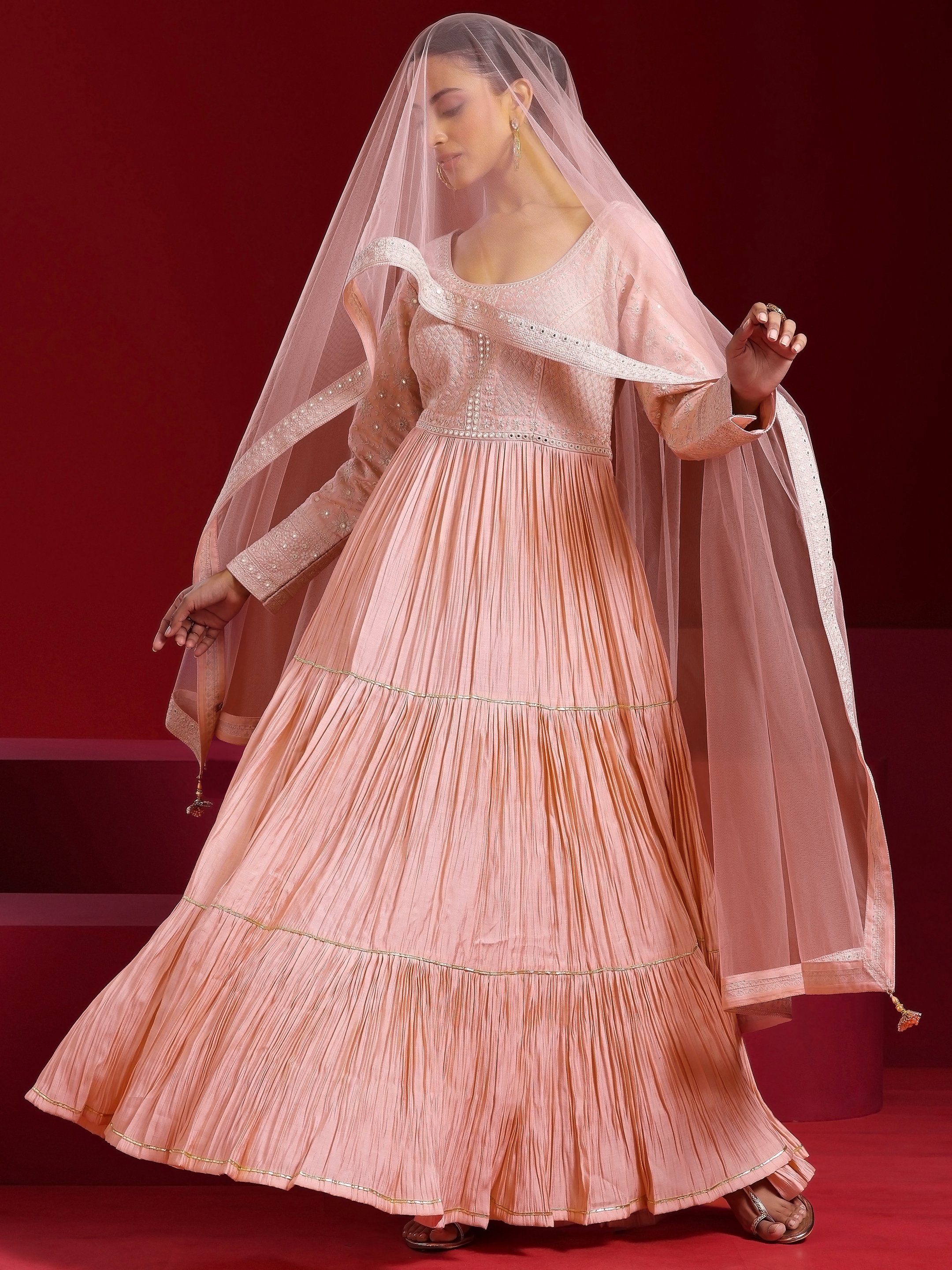 Peach Embroidered Cotton Blend A-Line Kurta, Trousers and Dupatta Set