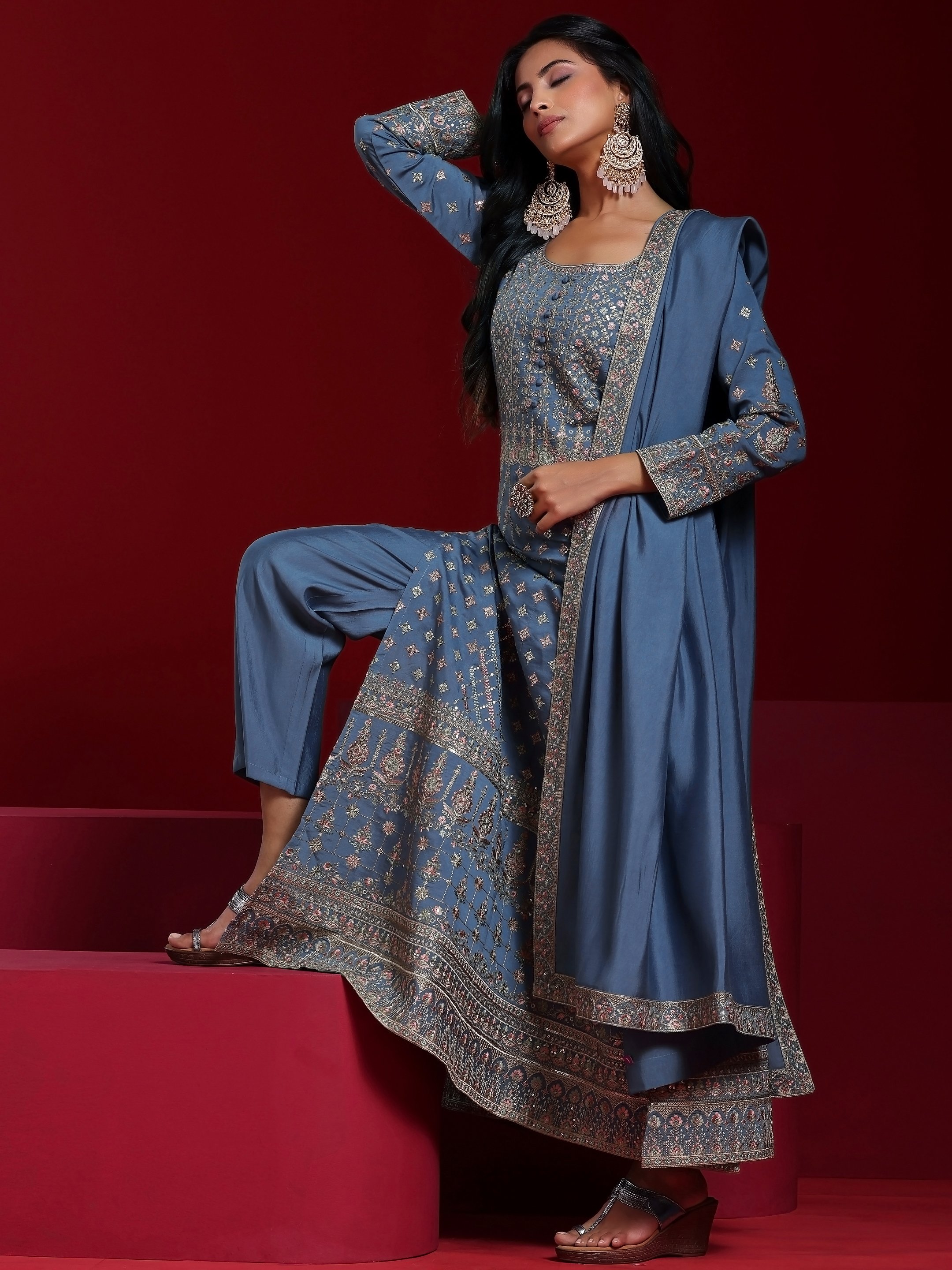 Blue Embroidered Silk Blend Straight Kurta, Palazzo and Dupatta Set