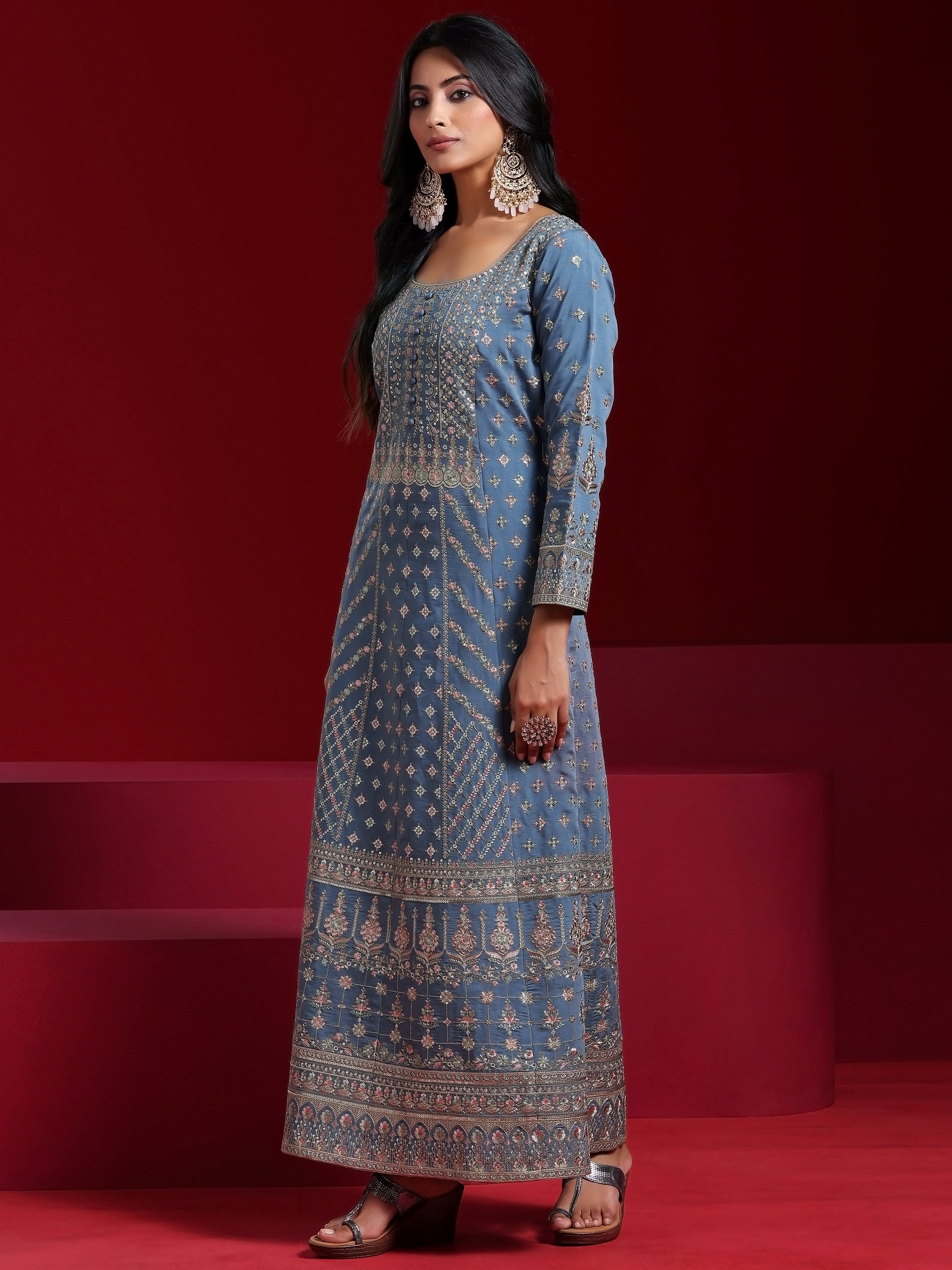 Blue Embroidered Silk Blend Straight Kurta, Palazzo and Dupatta Set