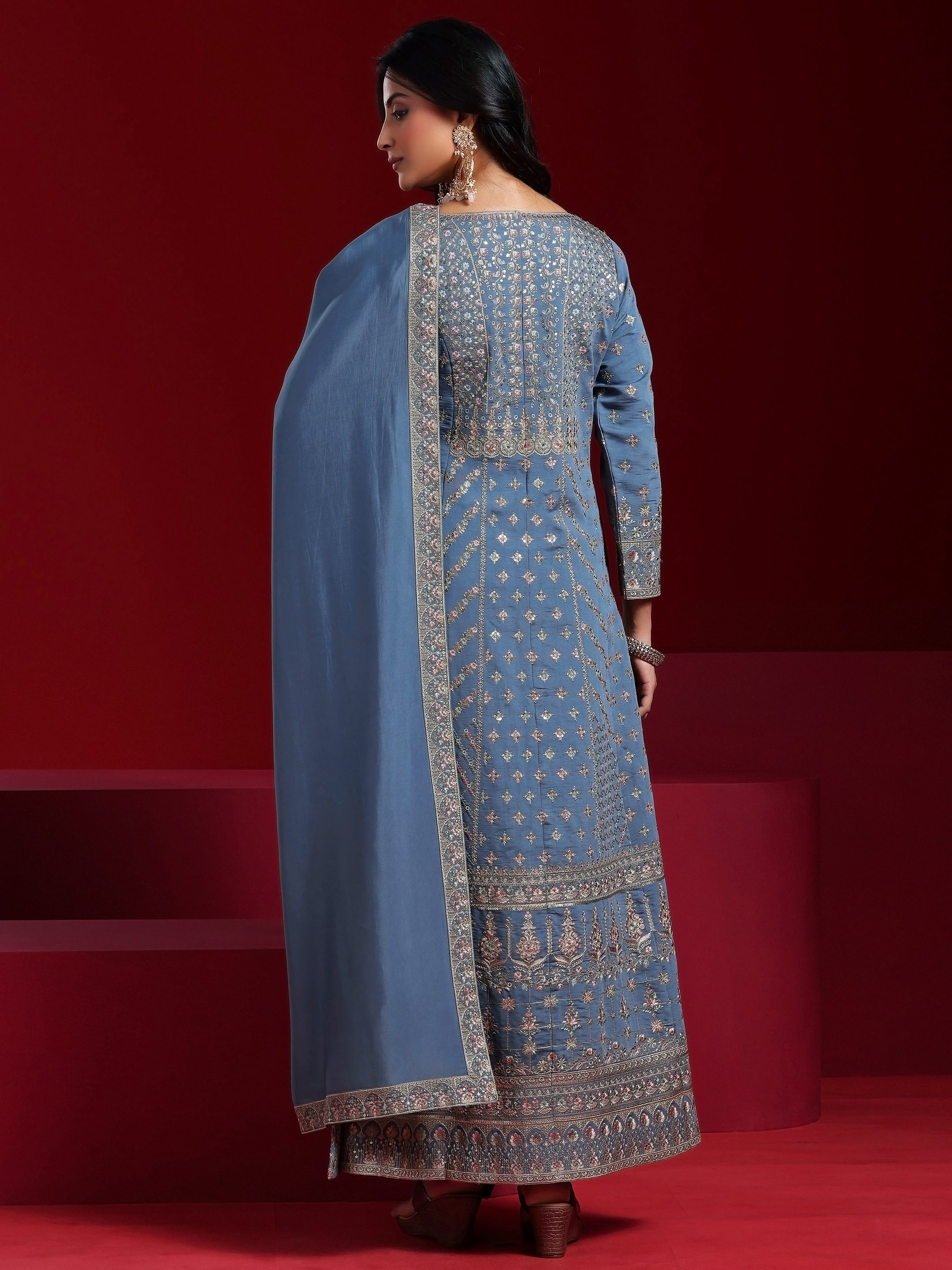 Blue Embroidered Silk Blend Straight Kurta, Palazzo and Dupatta Set