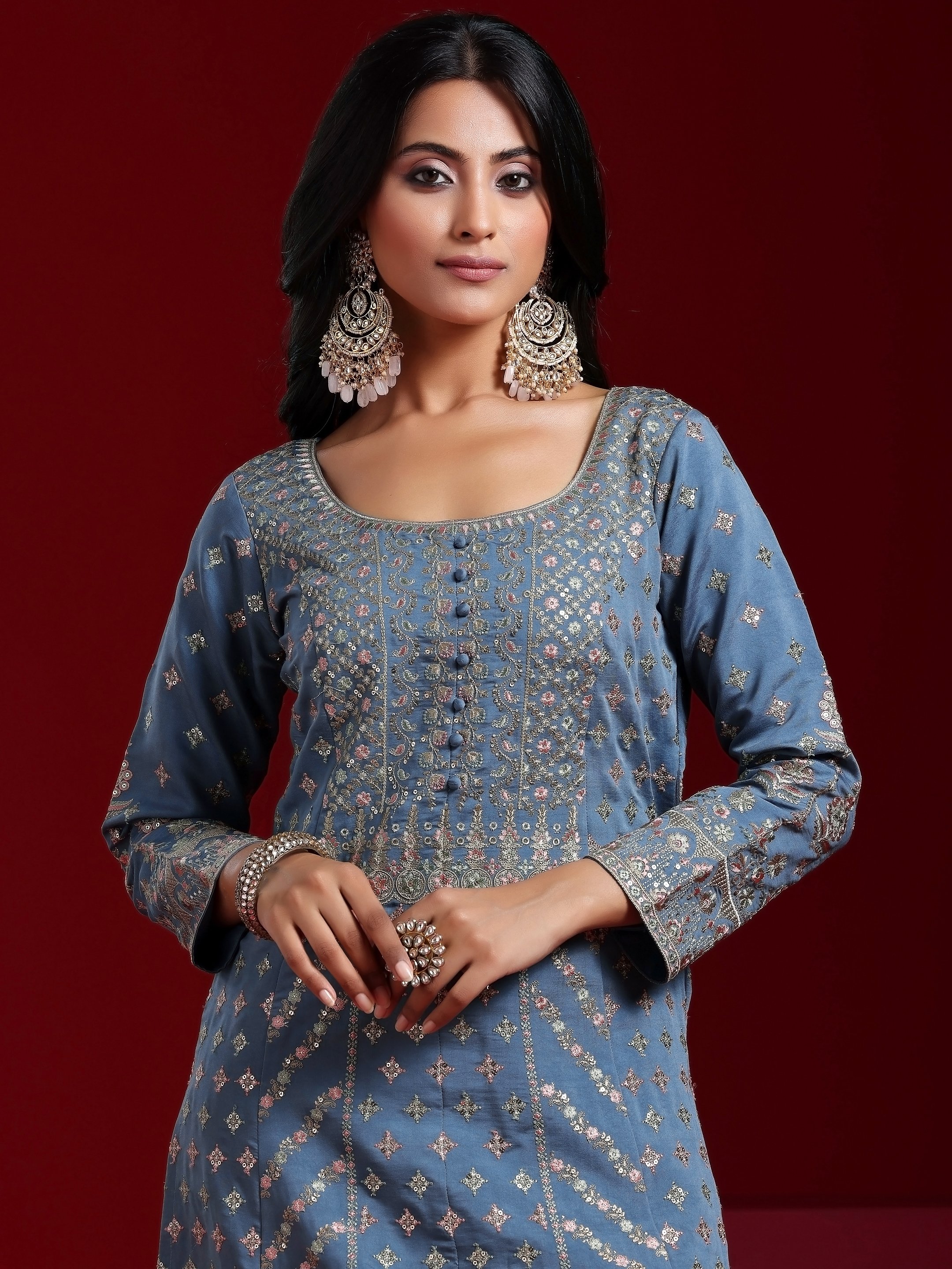 Blue Embroidered Silk Blend Straight Kurta, Palazzo and Dupatta Set
