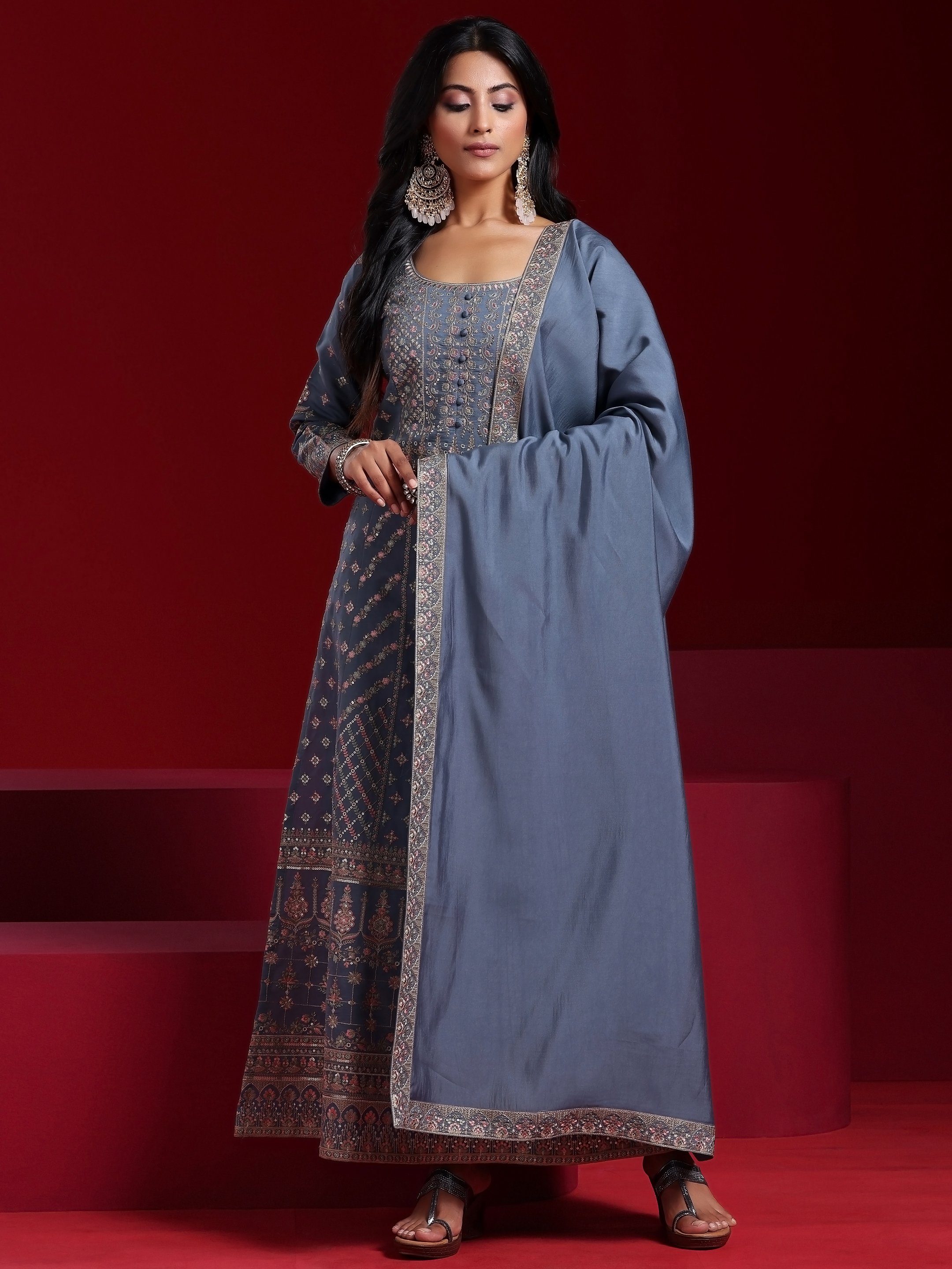Blue Embroidered Silk Blend Straight Kurta, Palazzo and Dupatta Set