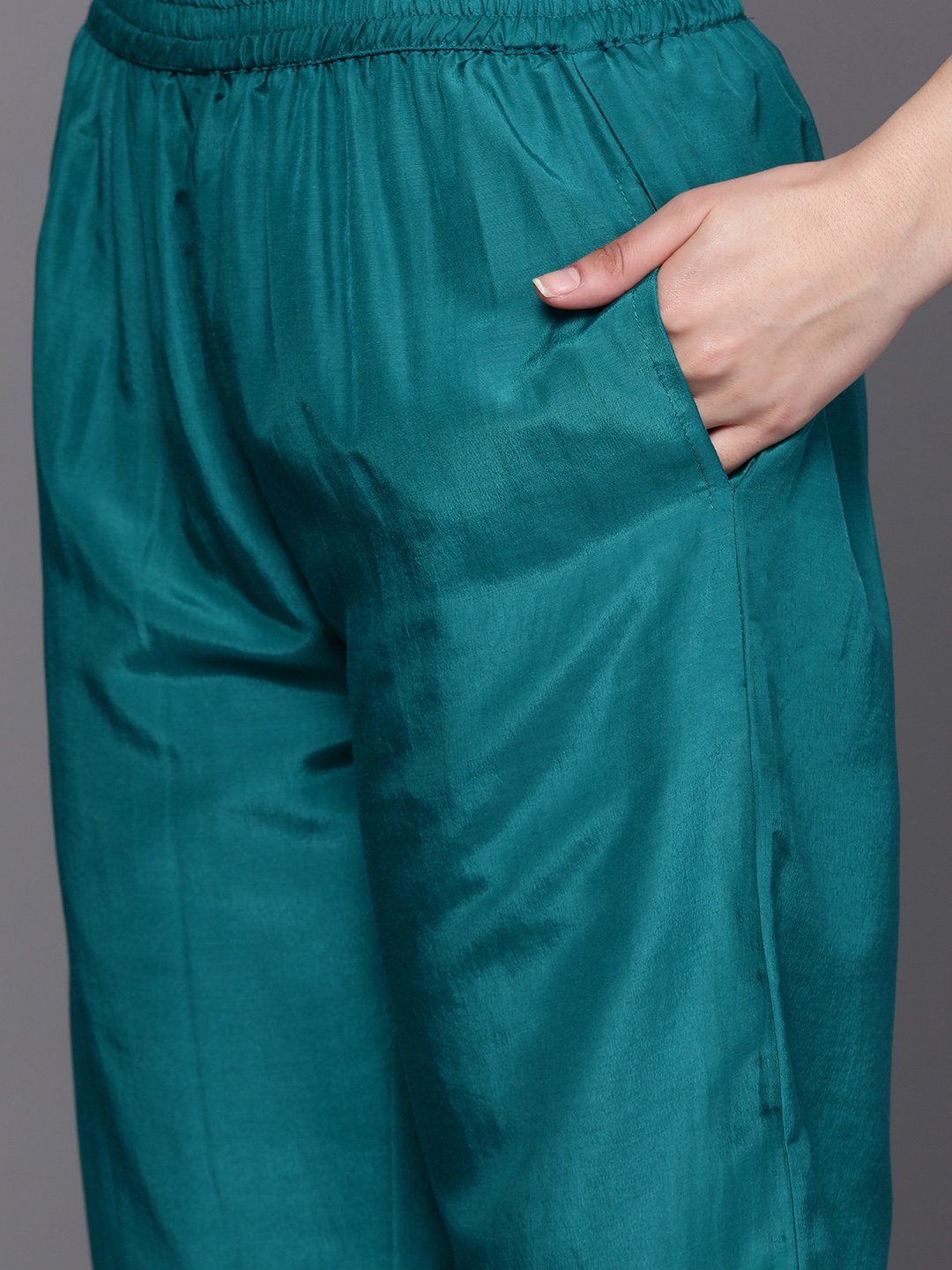 Green Self Design Silk Straight Kurta, Trousers and Dupatta Set