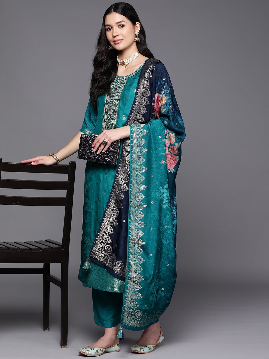 Green Self Design Silk Straight Kurta, Trousers and Dupatta Set
