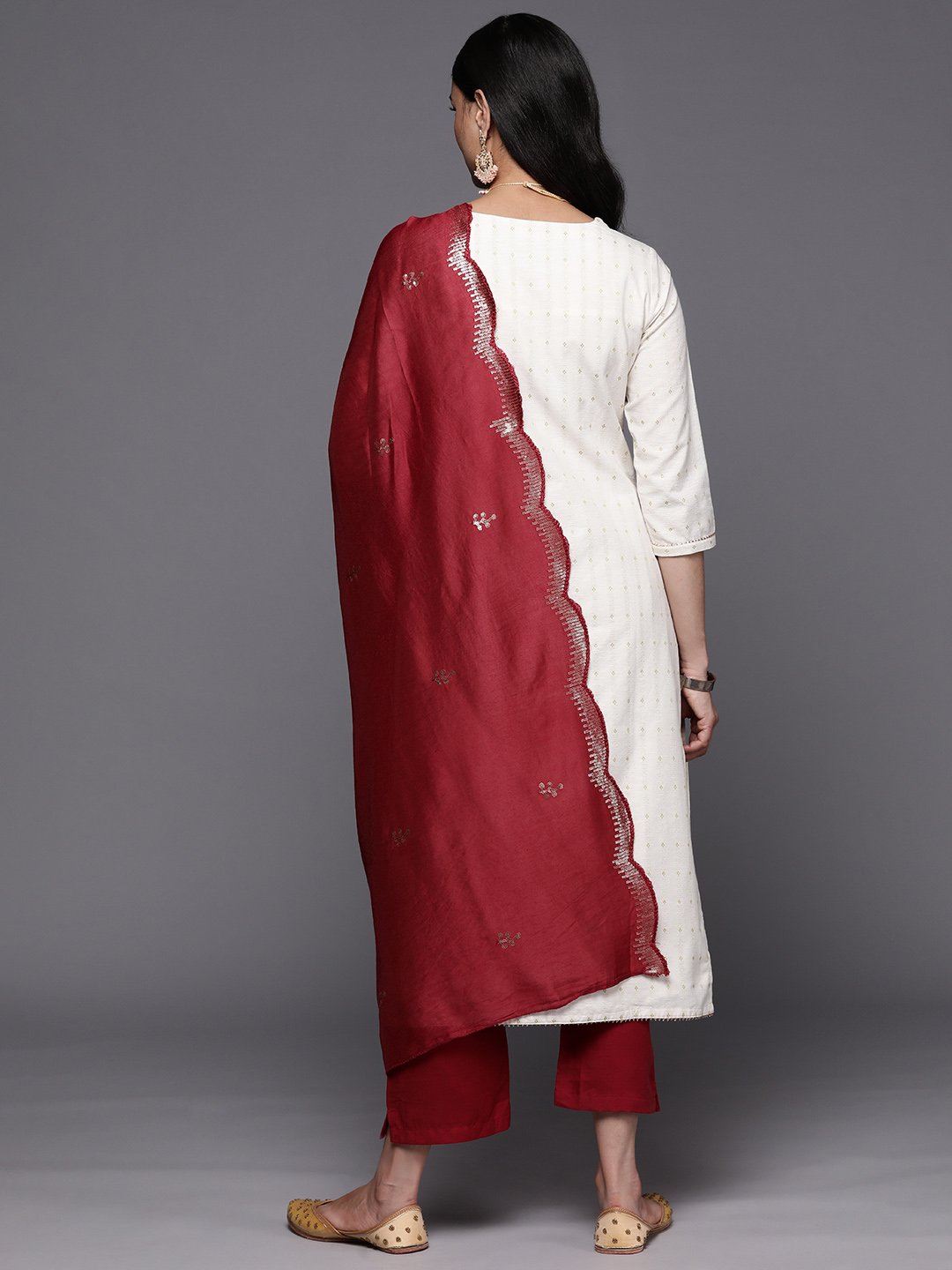 Off White Embroidered Cotton Blend Straight Kurta, Trousers and Dupatta Set