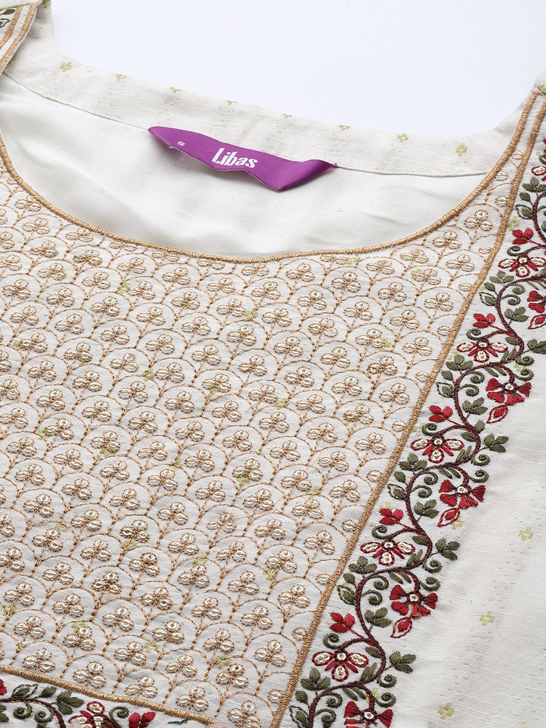 Off White Embroidered Cotton Blend Straight Kurta, Trousers and Dupatta Set