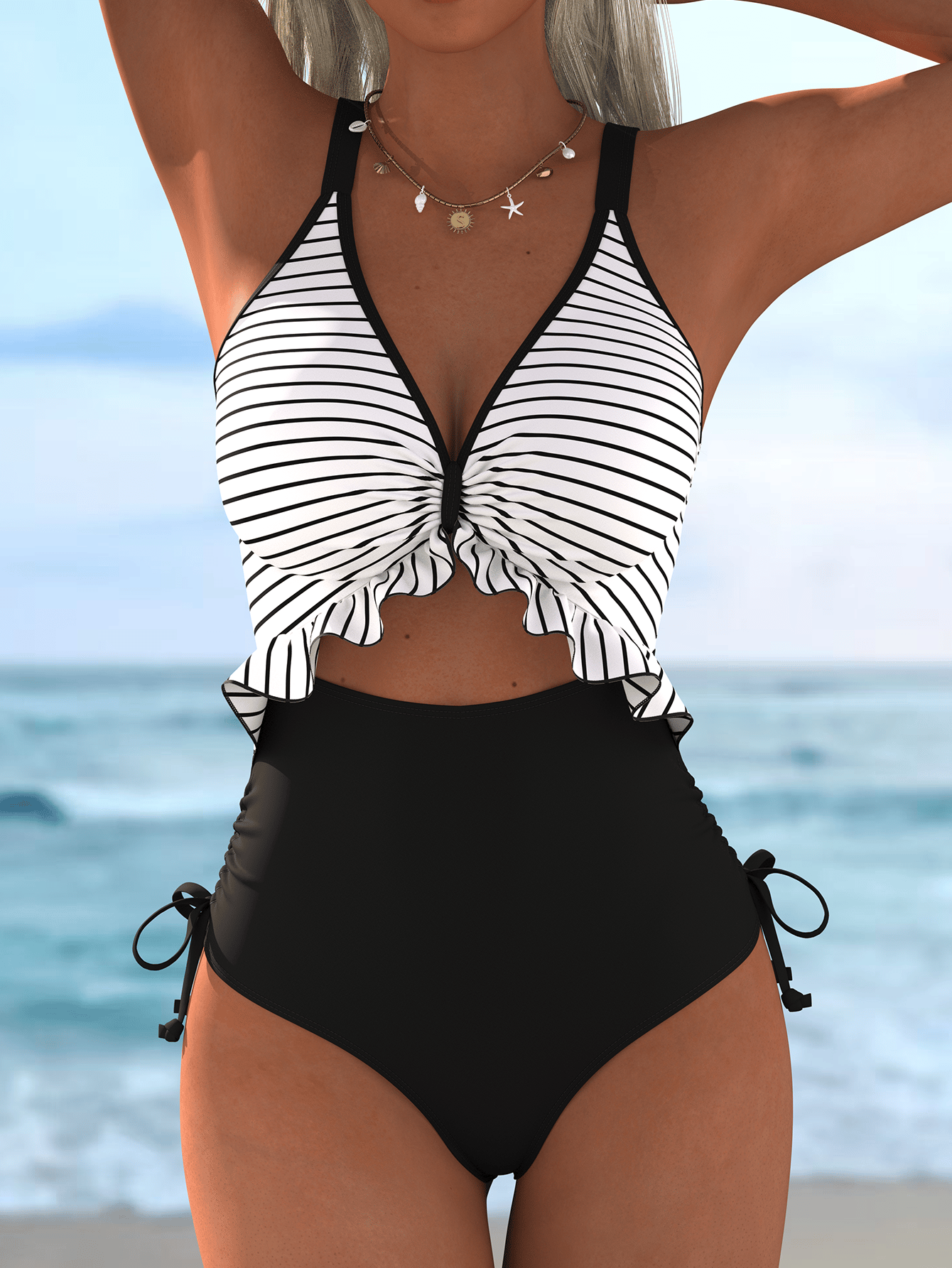 Striped Ruffle V-Neck High-Cut One-Piece Swimsuit