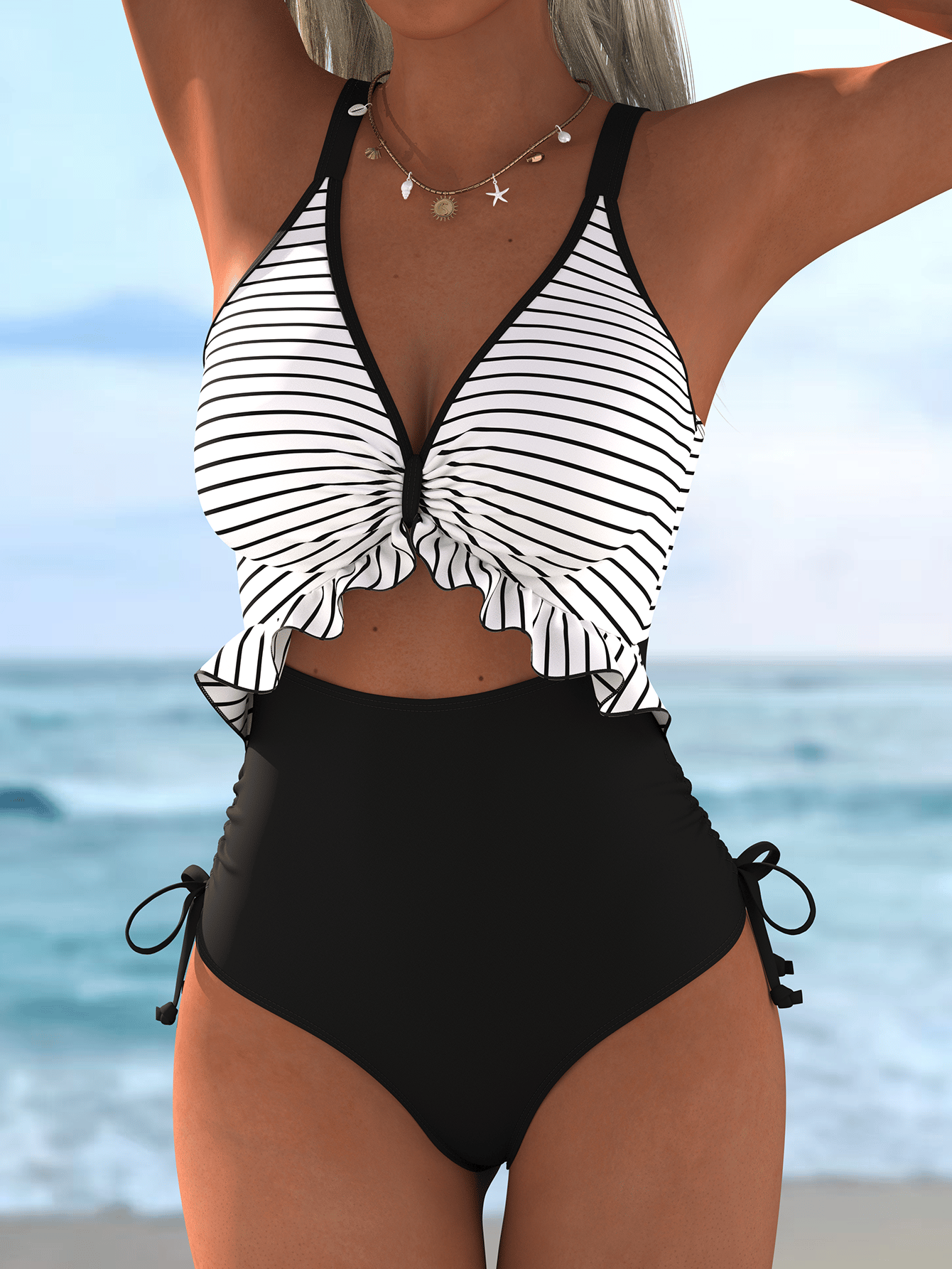 Striped Ruffle V-Neck High-Cut One-Piece Swimsuit