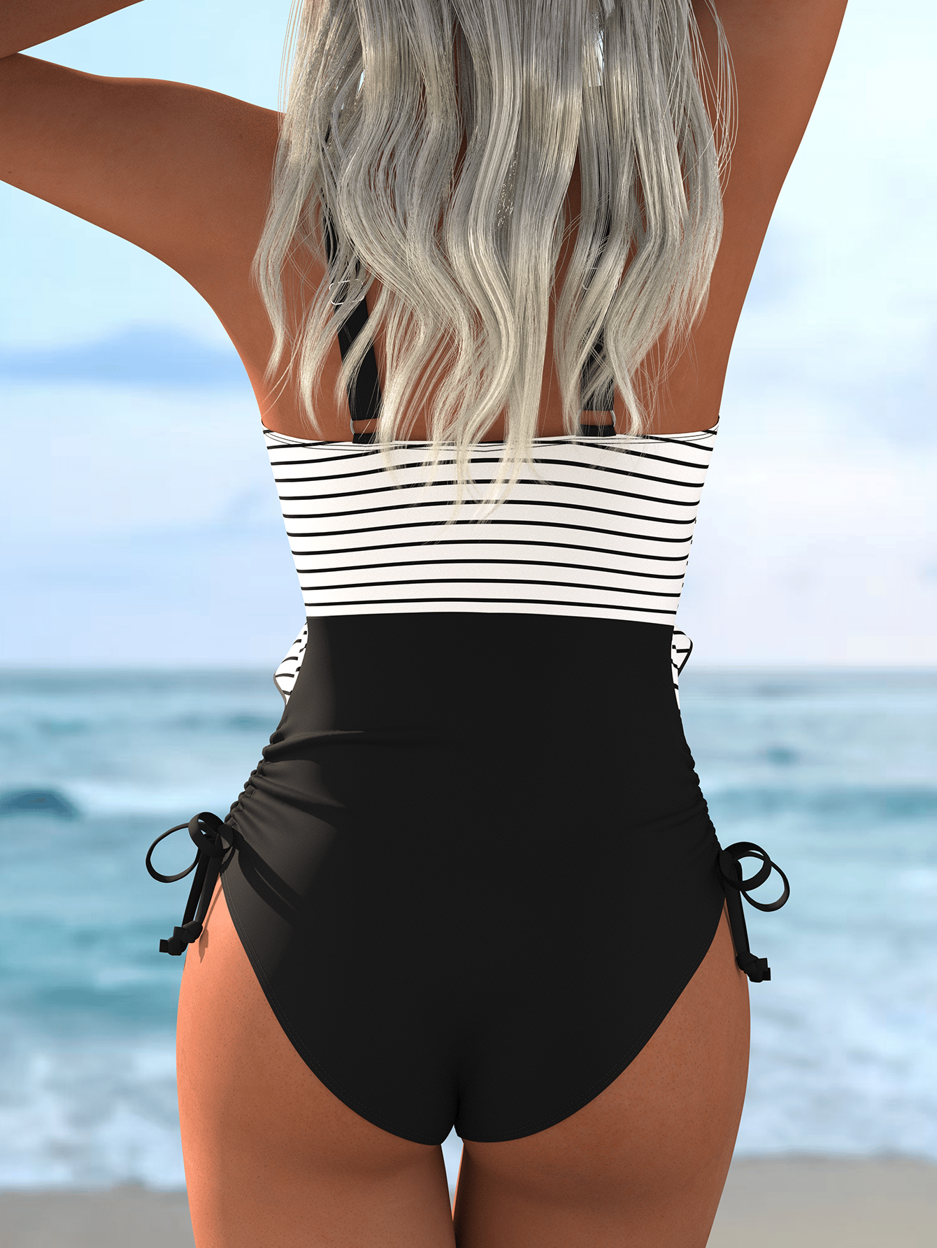 Striped Ruffle V-Neck High-Cut One-Piece Swimsuit