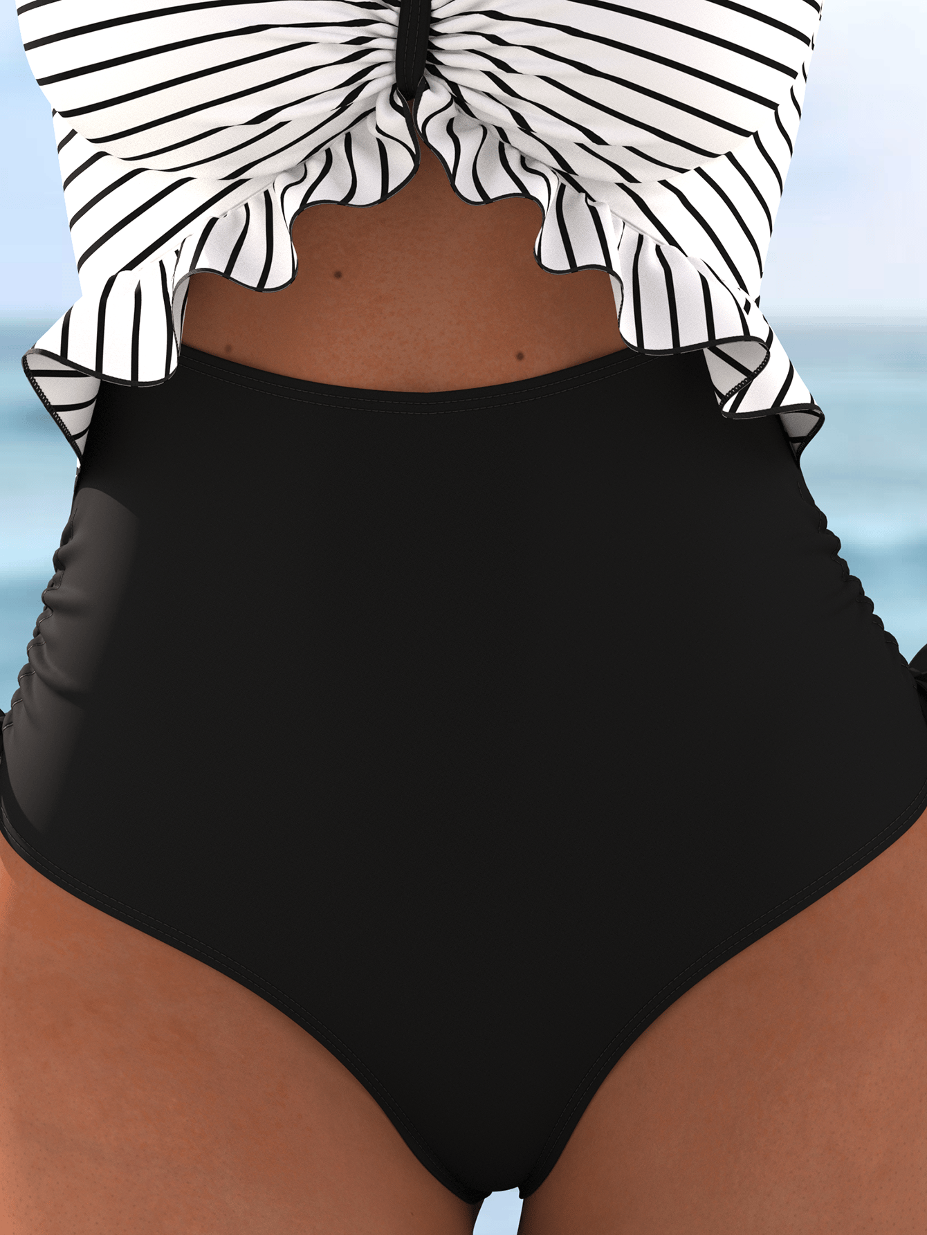 Striped Ruffle V-Neck High-Cut One-Piece Swimsuit