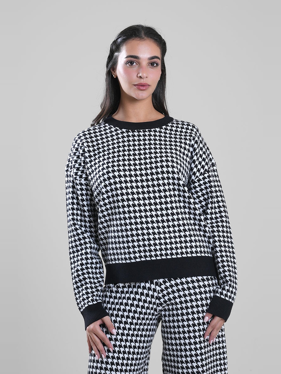 Women Houndstooth Knitted Long Sleeves Sweater