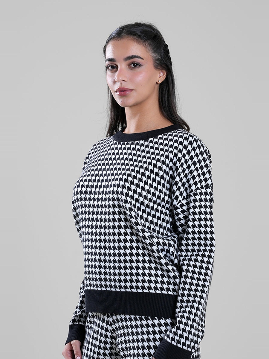 Women Houndstooth Knitted Long Sleeves Sweater