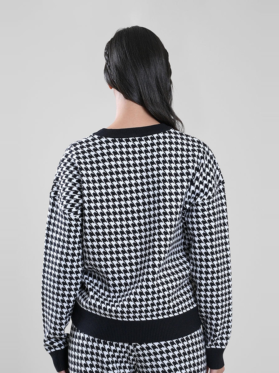 Women Houndstooth Knitted Long Sleeves Sweater
