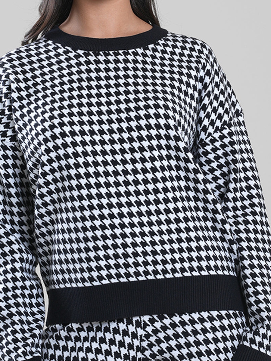 Women Houndstooth Knitted Long Sleeves Sweater