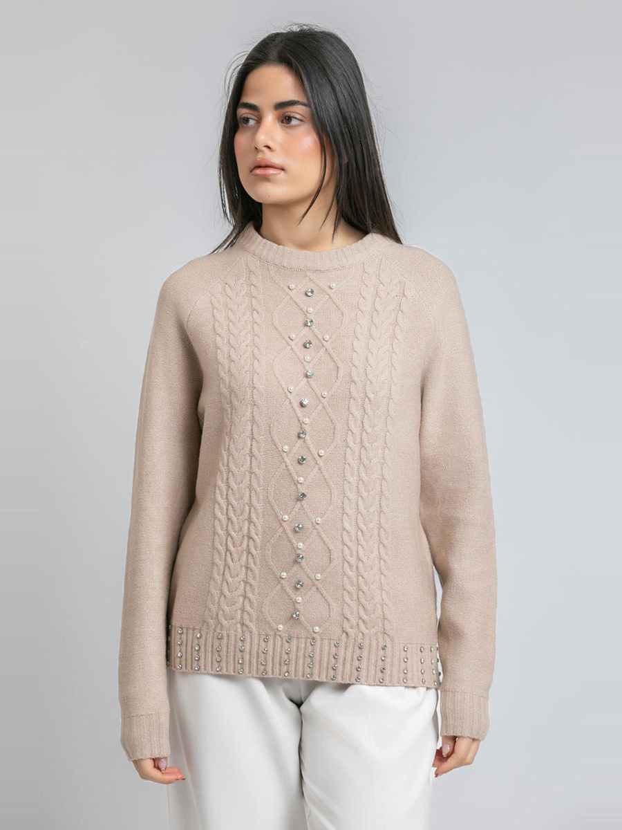 Women Embellished Cable Knitted Sweater