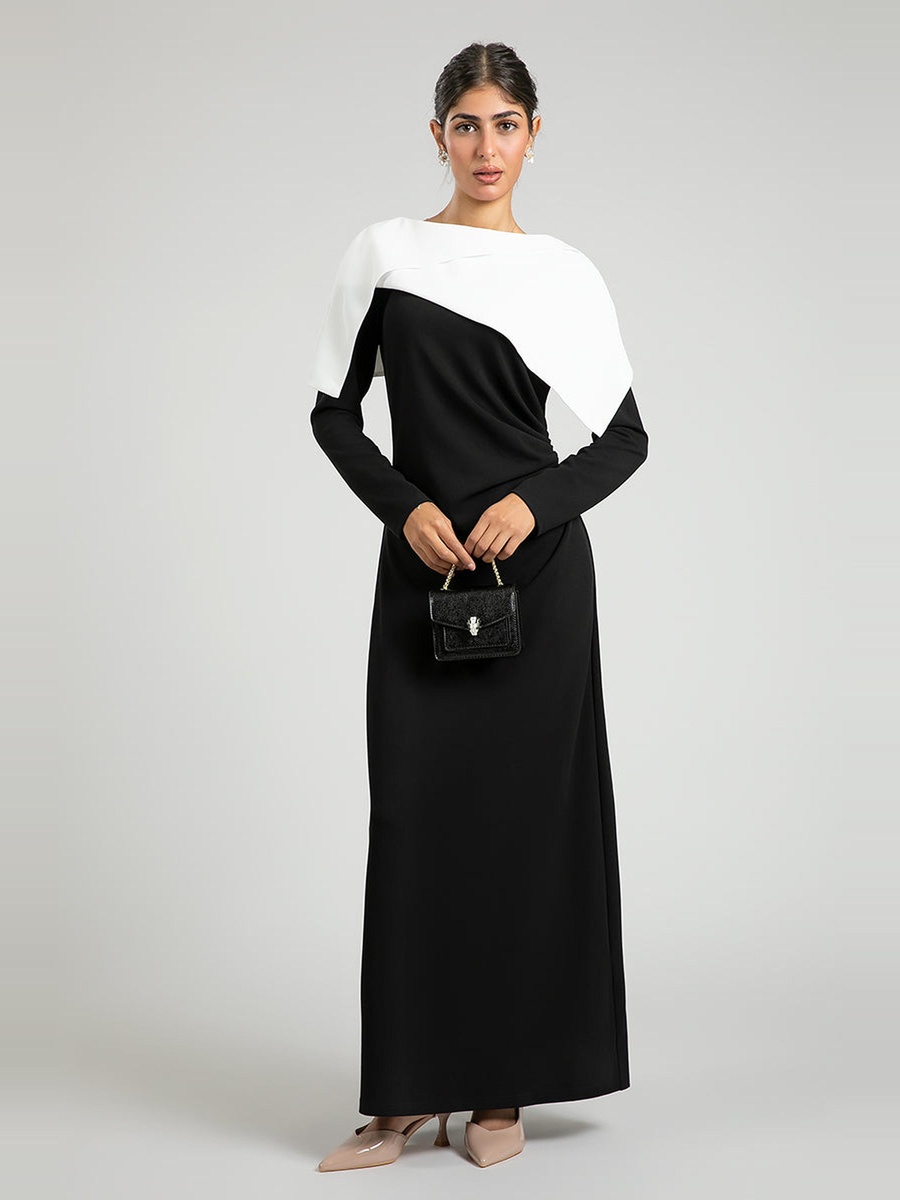 Women Contrast Cape Overlay Long Sleeves Maxi Dress