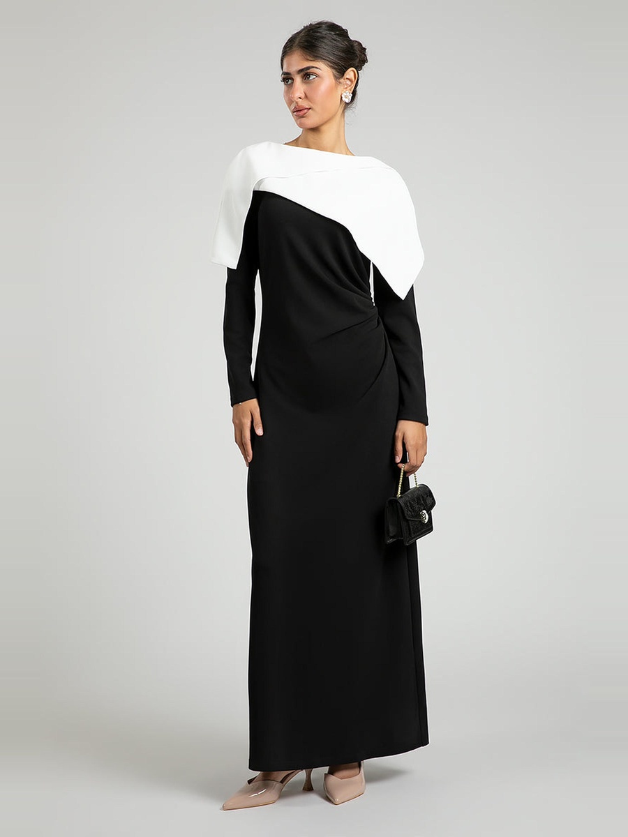 Women Contrast Cape Overlay Long Sleeves Maxi Dress