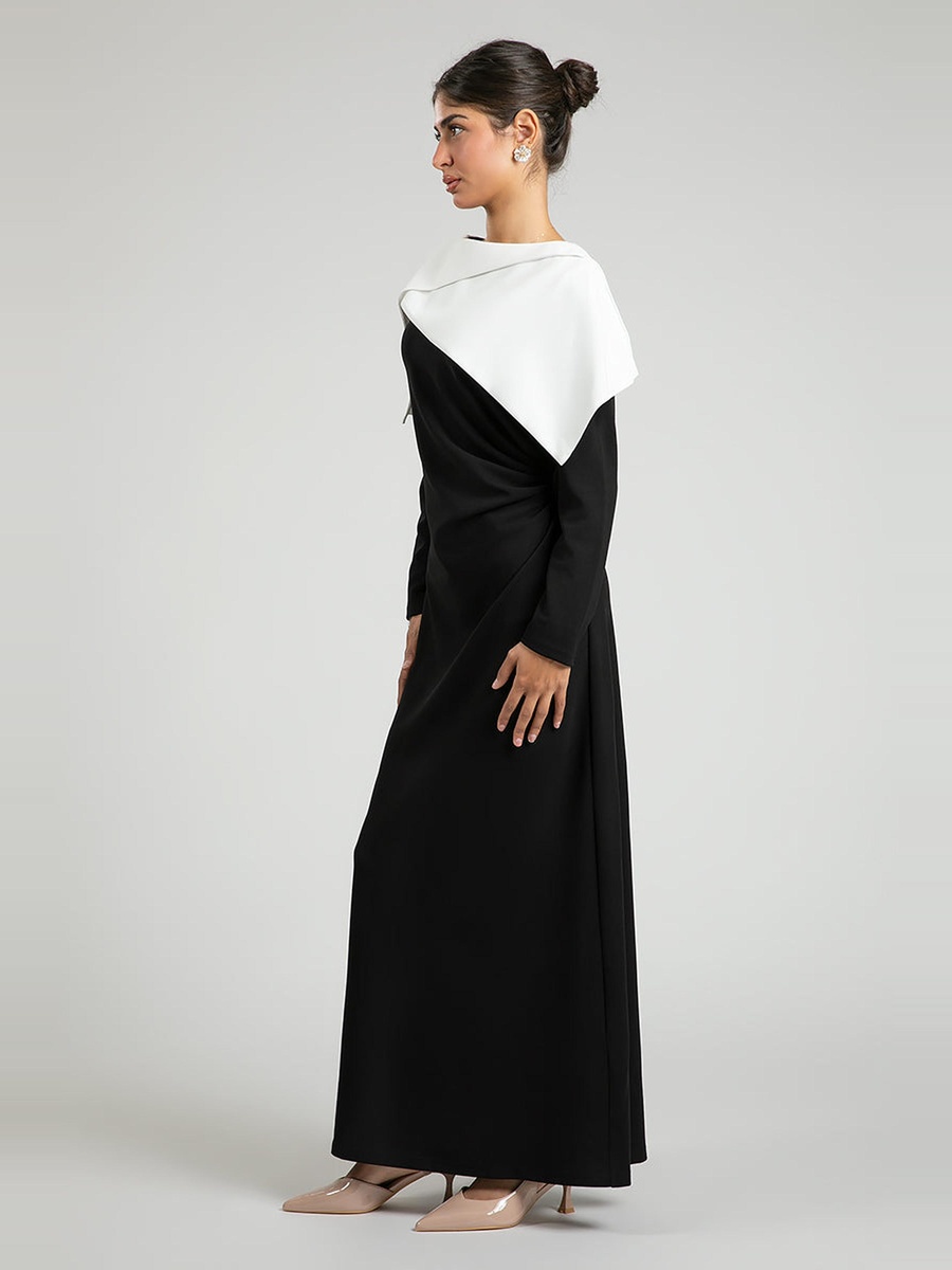Women Contrast Cape Overlay Long Sleeves Maxi Dress