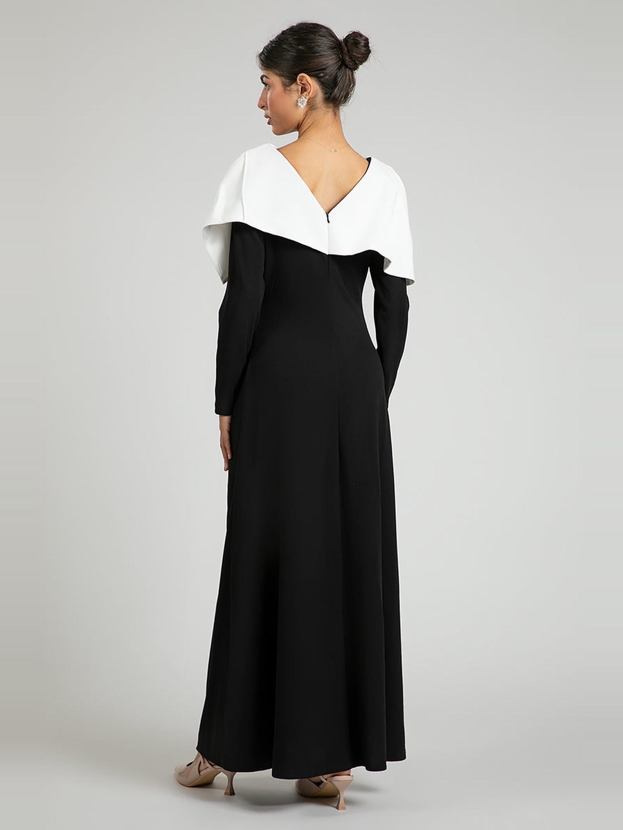 Women Contrast Cape Overlay Long Sleeves Maxi Dress