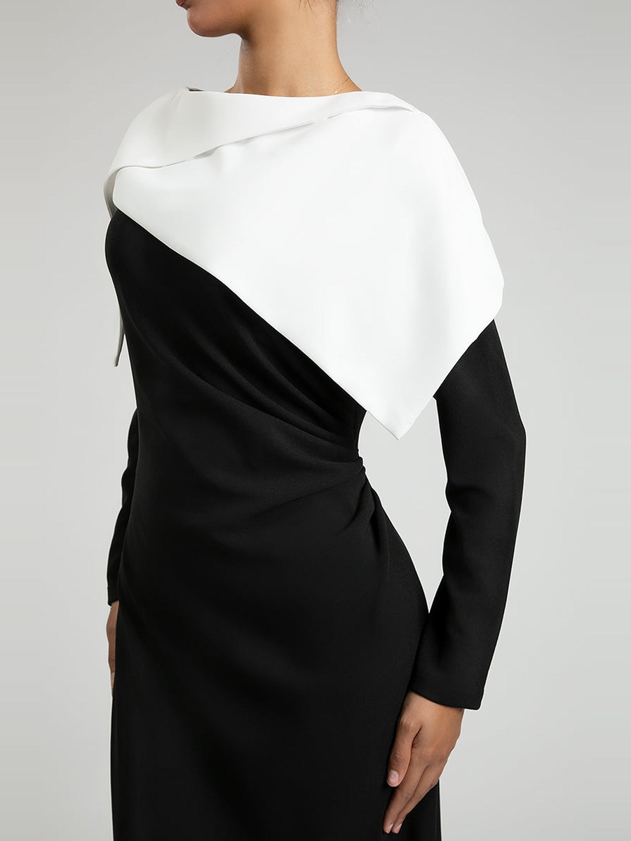 Women Contrast Cape Overlay Long Sleeves Maxi Dress