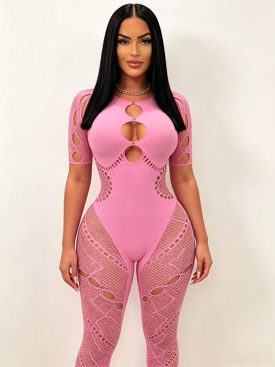 Pink Hollowed-Out Lace Jumpsuit