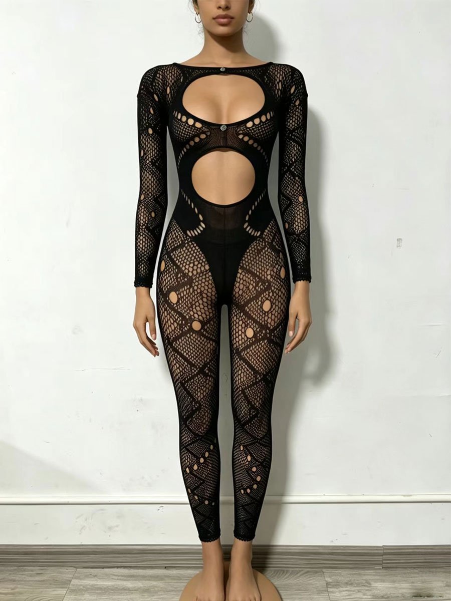 Black Hollowed-Out Lace Jumpsuit
