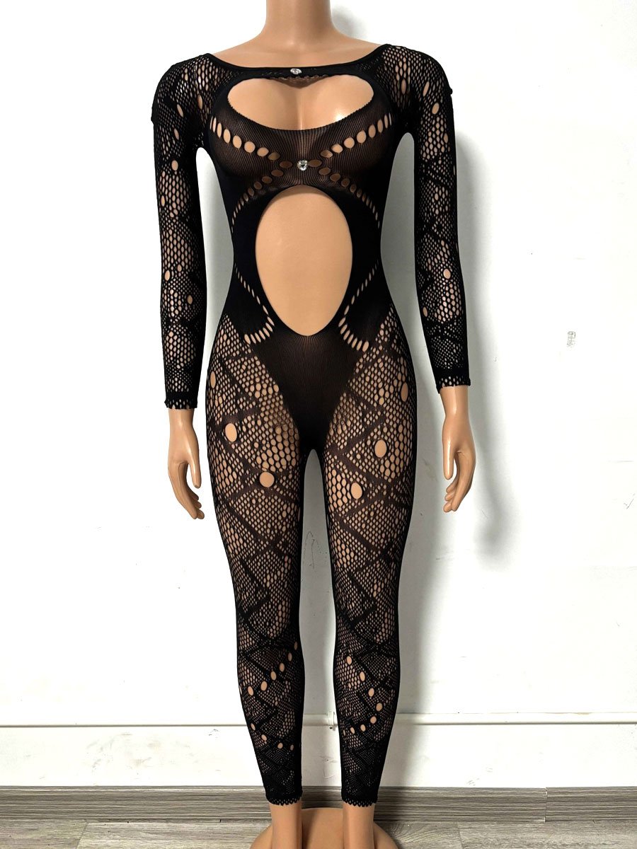 Black Hollowed-Out Lace Jumpsuit