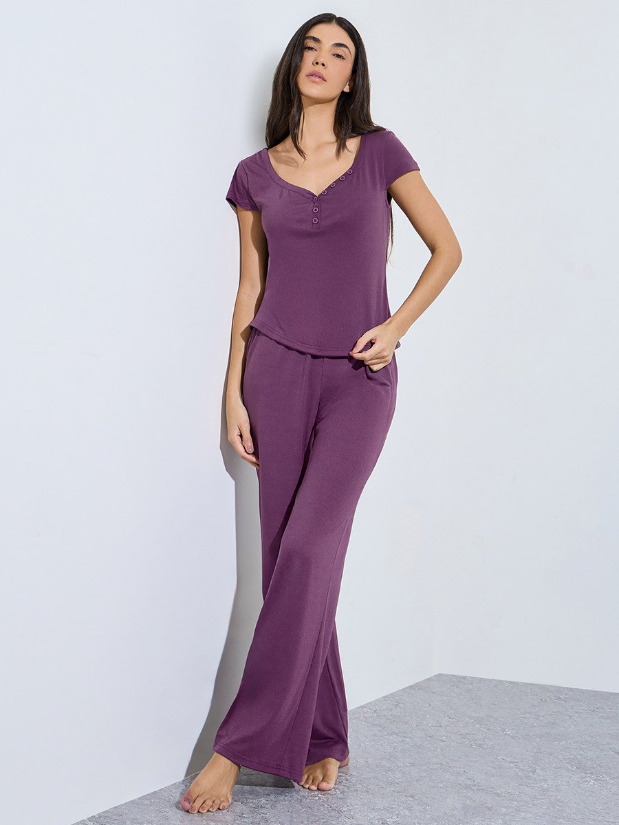 Purple Button Detail Open Placket T-Shirt and Pyjama Set