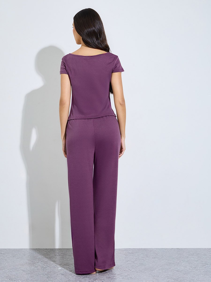 Purple Button Detail Open Placket T-Shirt and Pyjama Set