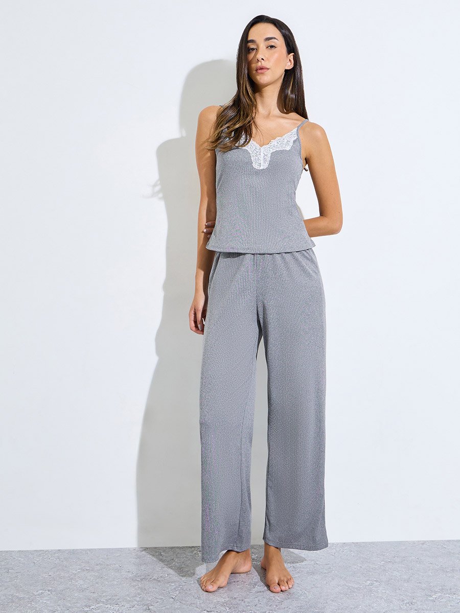 Grey Contrast Lace Detail Cami and Pyjama Set