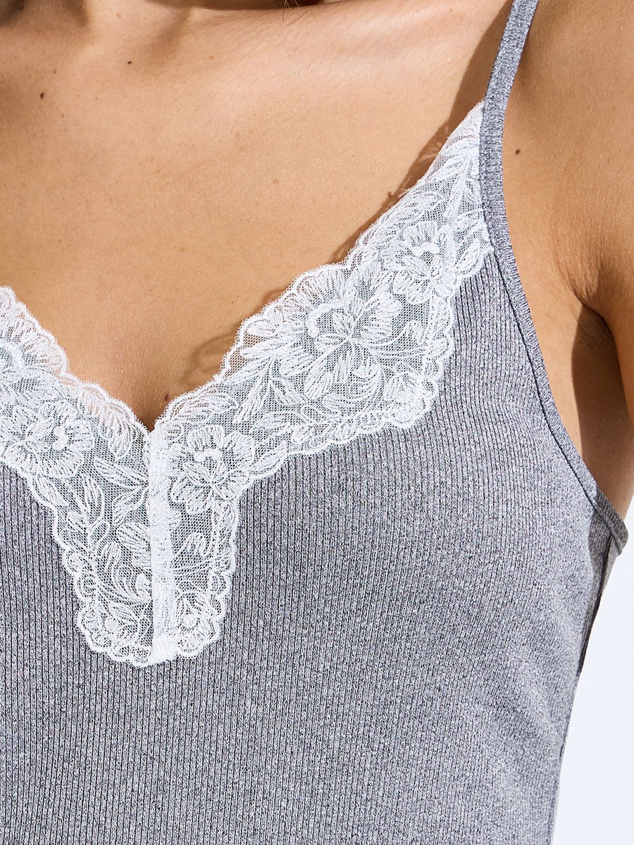 Grey Contrast Lace Detail Cami and Pyjama Set