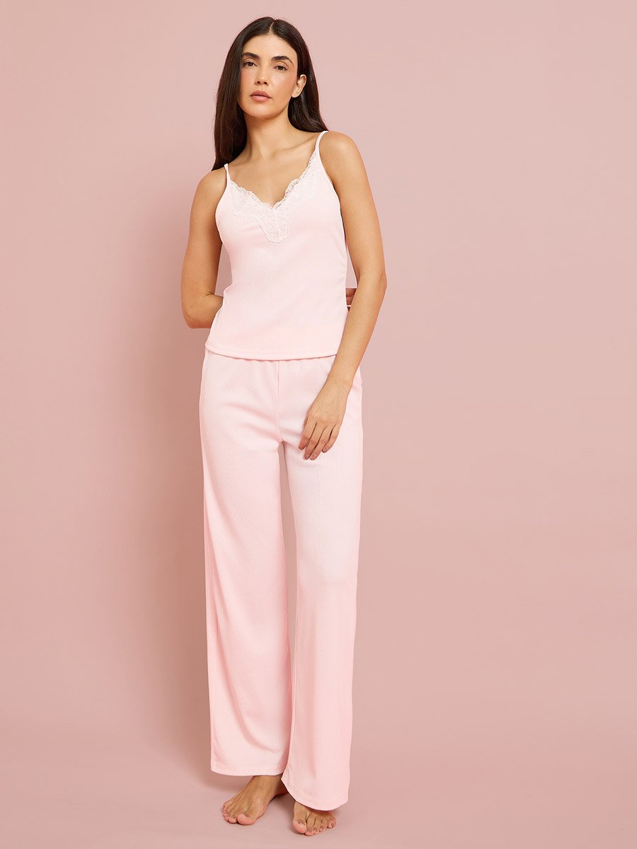 Pink Contrast Lace Detail Cami and Pyjama Set