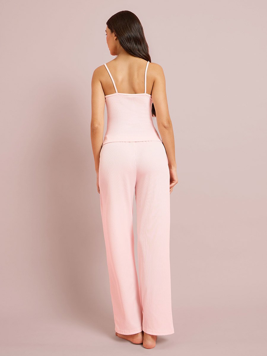 Pink Contrast Lace Detail Cami and Pyjama Set