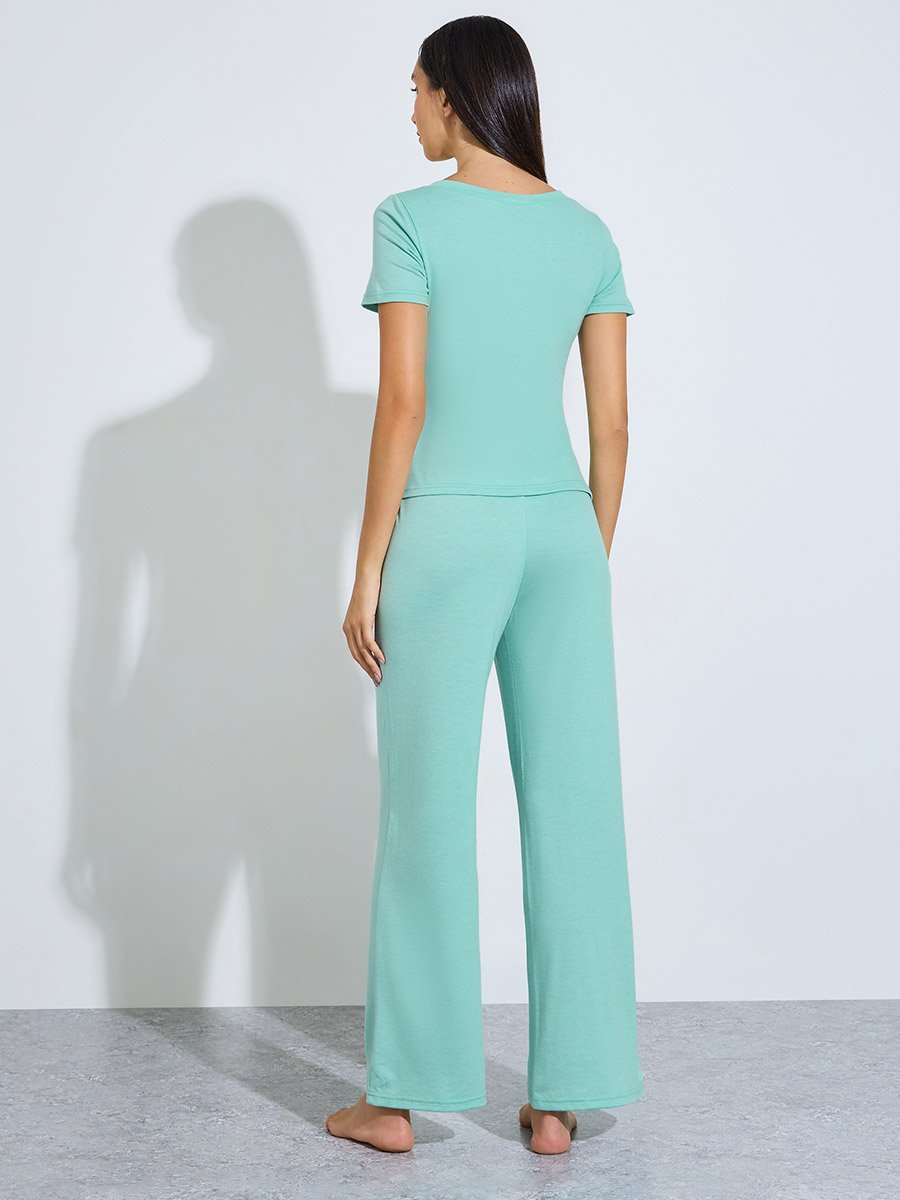 Green Ruched Button Placket Detail T-Shirt and Pyjama Set
