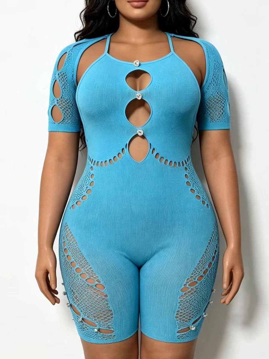 Turquoise Cutout Embellished Romper