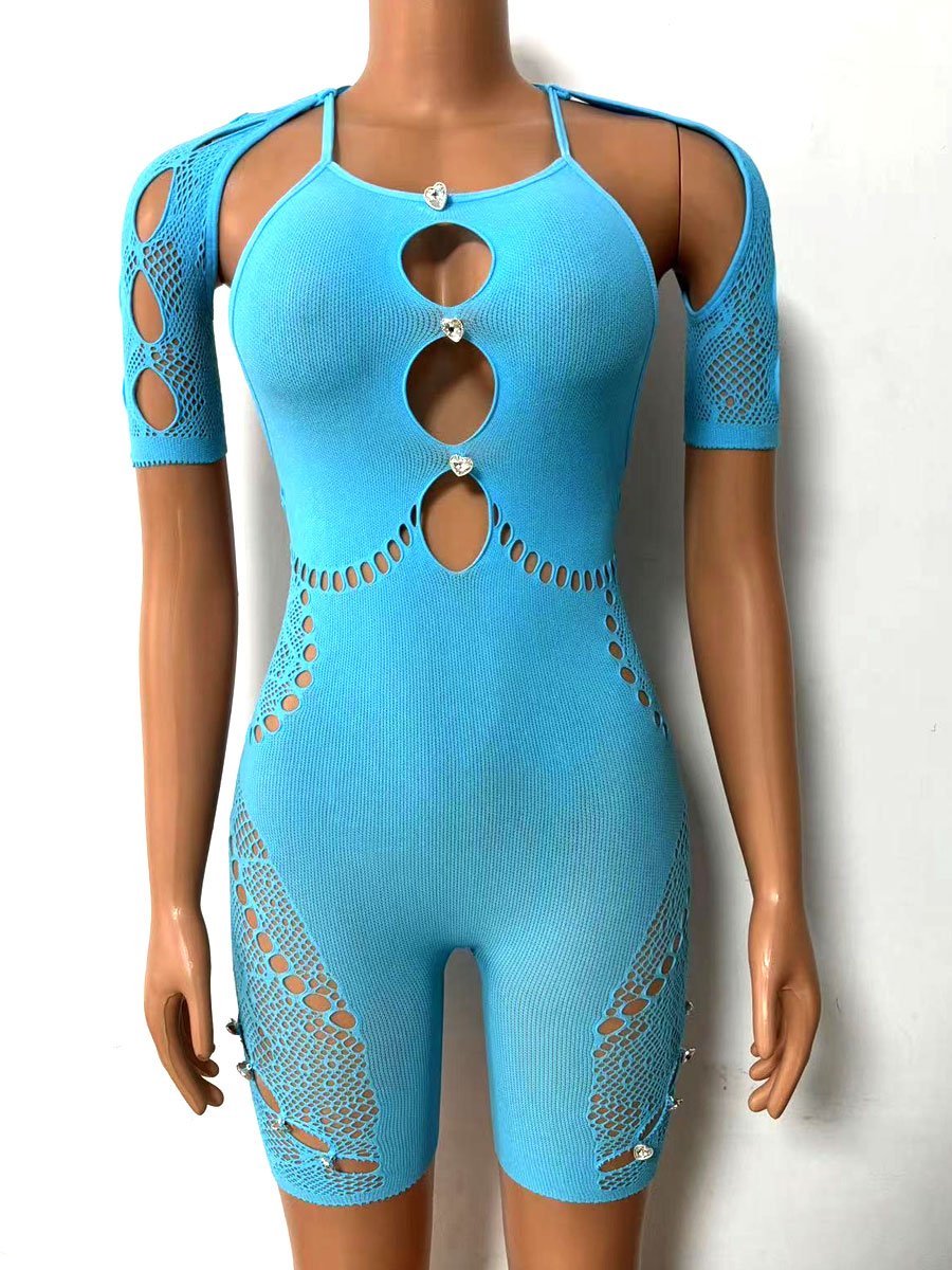 Turquoise Cutout Embellished Romper