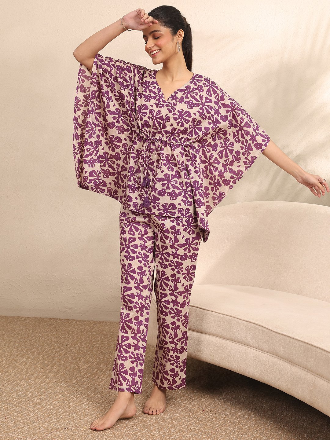 Purple Floral Motif Print Kurti and Pants Set