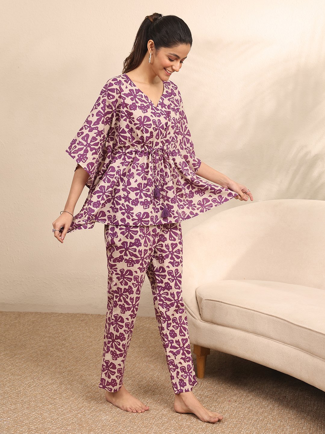 Purple Floral Motif Print Kurti and Pants Set