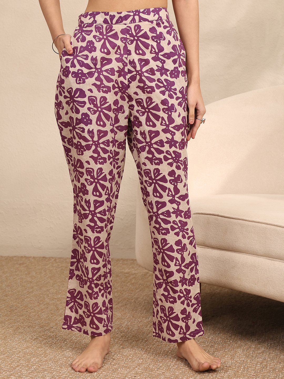 Purple Floral Motif Print Kurti and Pants Set