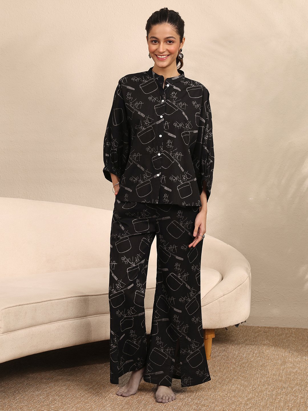Black All Over Print Cotton Top and Pants Set