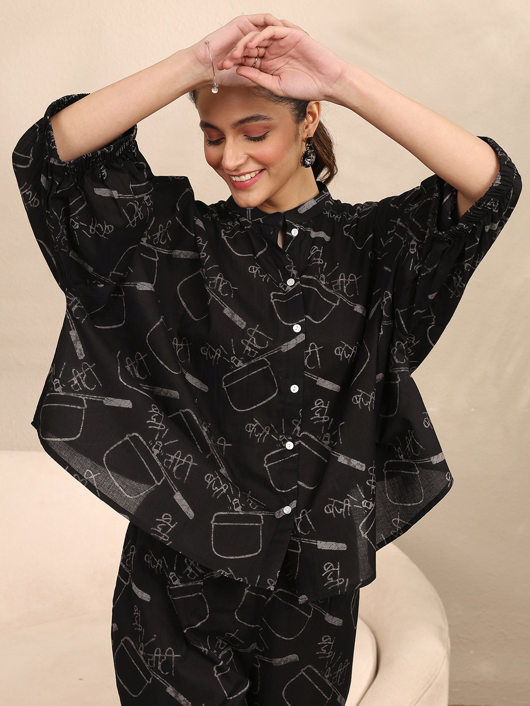 Black All Over Print Cotton Top and Pants Set