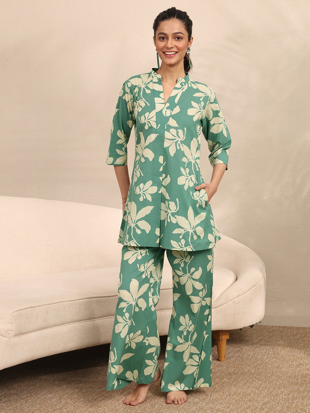 Green Floral Print Cotton Kurti and Palazzo Set