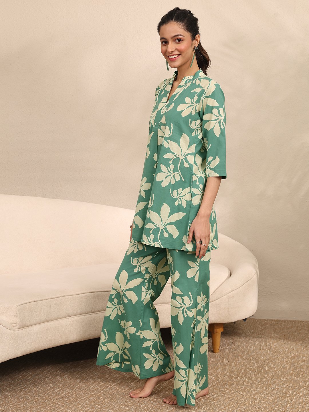 Green Floral Print Cotton Kurti and Palazzo Set
