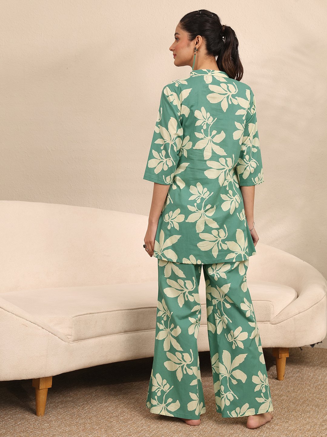 Green Floral Print Cotton Kurti and Palazzo Set