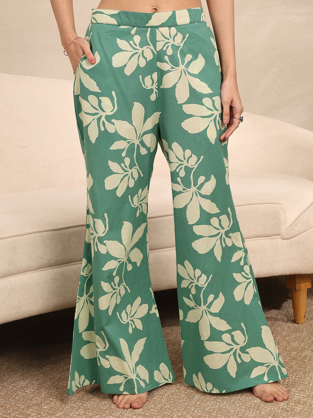 Green Floral Print Cotton Kurti and Palazzo Set