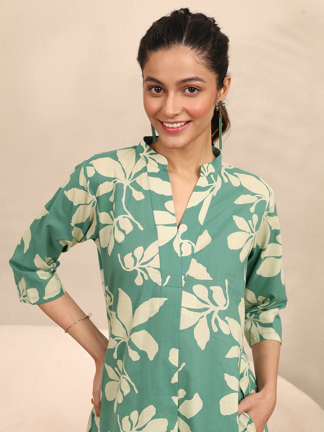Green Floral Print Cotton Kurti and Palazzo Set
