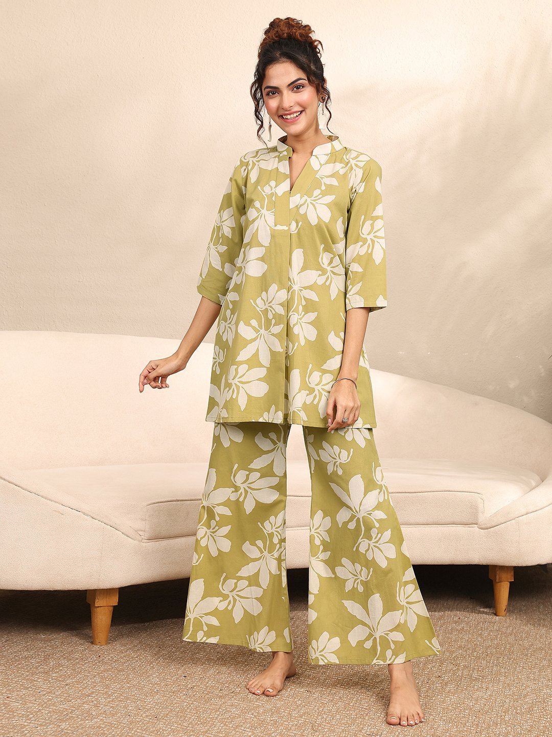 Lime Green Floral Print Cotton Kurti and Palazzo Set