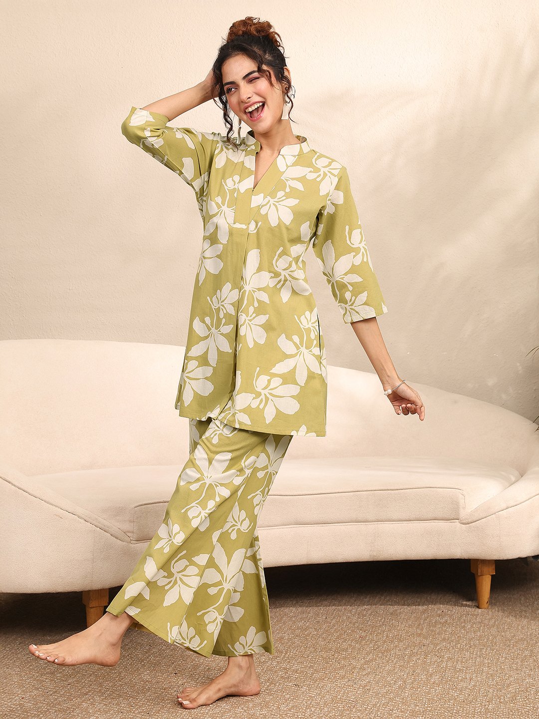Lime Green Floral Print Cotton Kurti and Palazzo Set