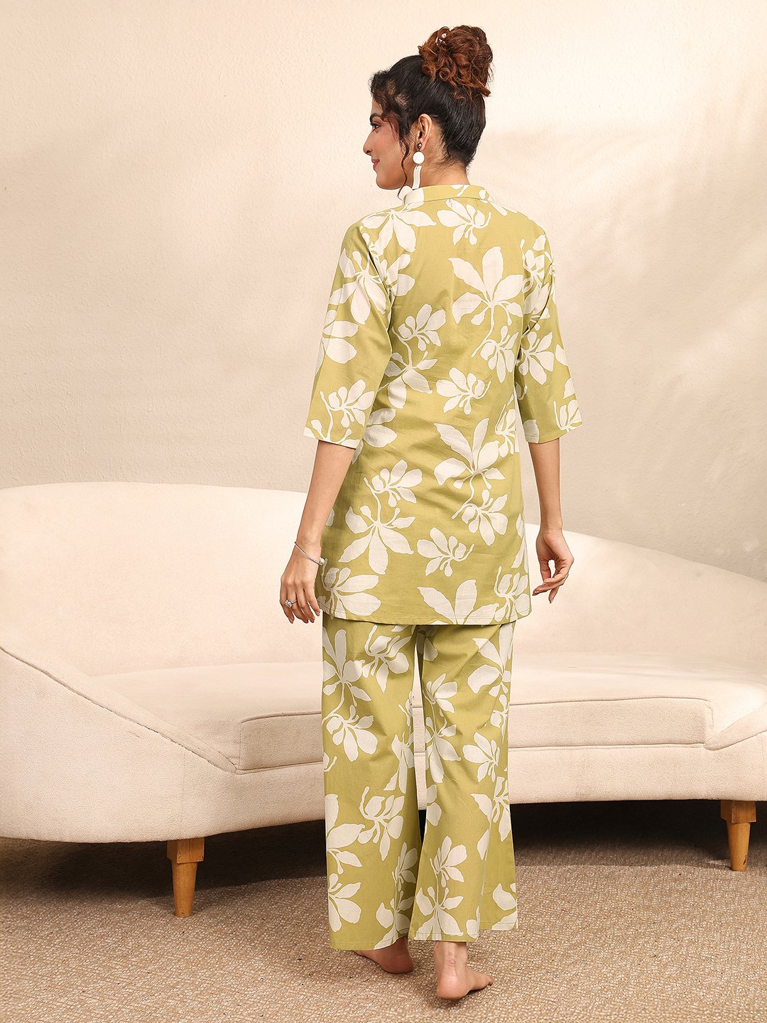 Lime Green Floral Print Cotton Kurti and Palazzo Set